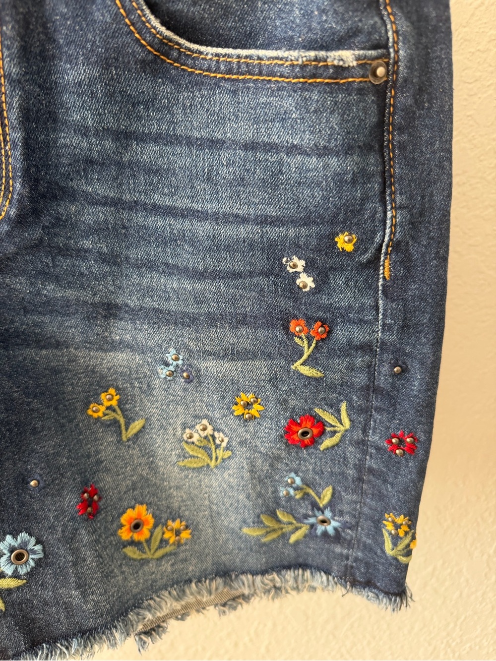 DRIFTWOOD Dark Blue Embroidered Floral Denim Shorts - Picture 2 of 7